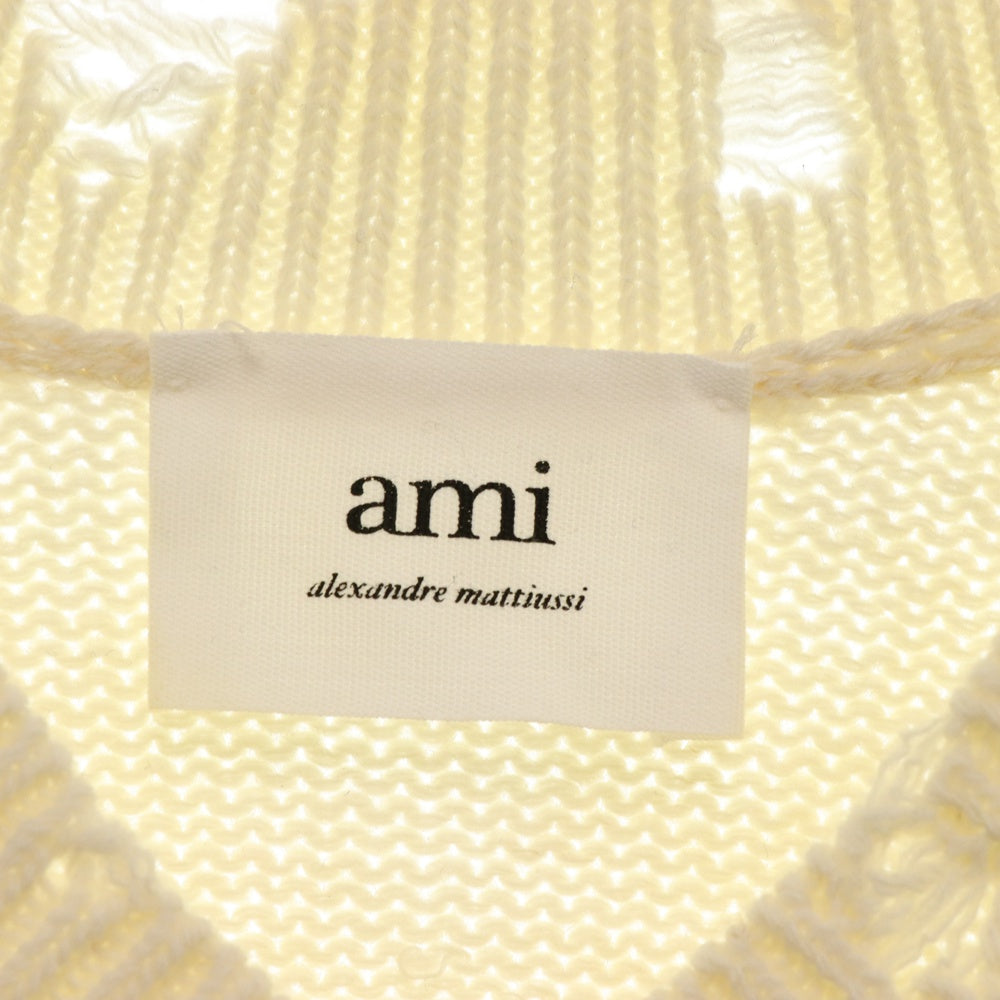 AMI Alexandre Mattiussi(アミアレクサンドルマテュッシ) Cut Out Sweater UKS227.KN016 カットアウトセーター ダメージ加工Vネックニット クリーム