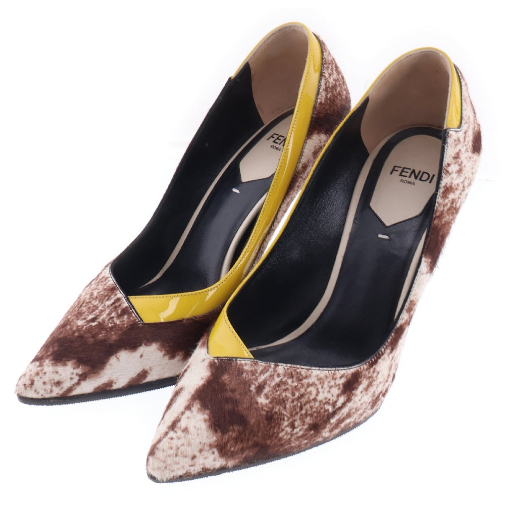 FENDI(フェンディ) Pointed Pump In Animal Print アニマル柄ハイヒール パテントレザー切替ピンヒール ブラウン/イエロー レディース