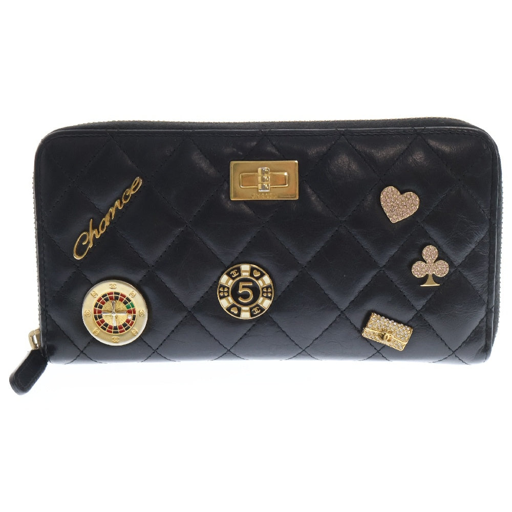 CHANEL(シャネル) ラウンドファスナー長財布 2.55 マトラッセ チャームエンブロイダリー ウォレット ブラック ラムスキン ブラック レディース A80445