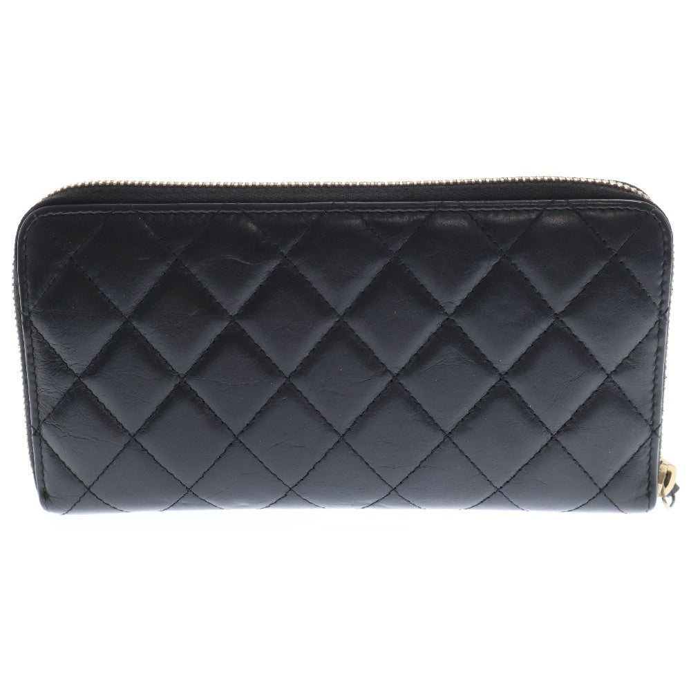 CHANEL(シャネル) ラウンドファスナー長財布 2.55 マトラッセ チャームエンブロイダリー ウォレット ブラック ラムスキン ブラック レディース A80445