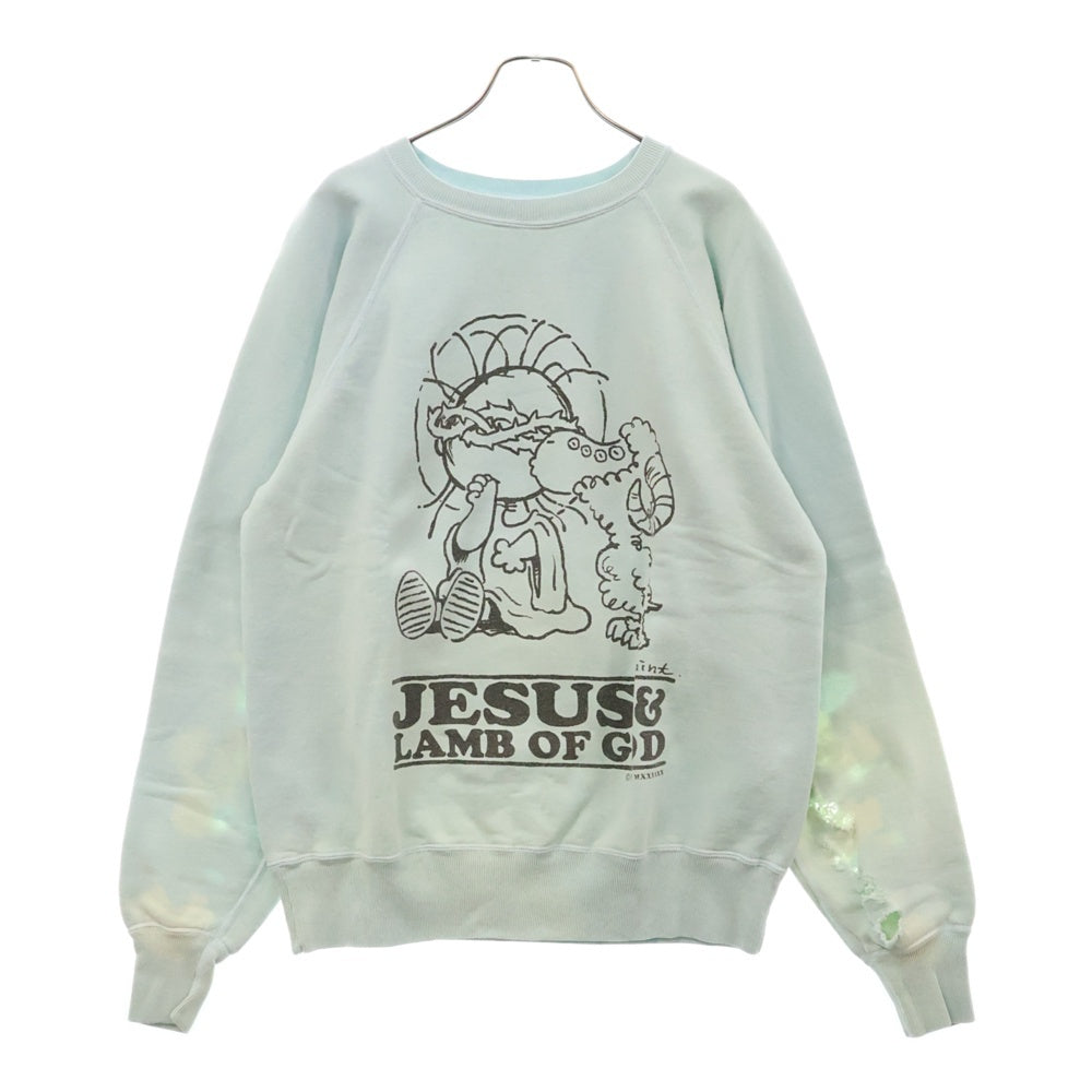SAINT MICHAEL(セントマイケル) 23AW CREW N SWEAT JESUS ダメージ加工 クルーネックスウェットトレーナー ブルー SM-A23-0000-024