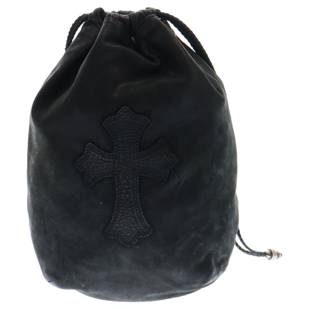 CHROME HEARTS(クロムハーツ) DRW STRNG SACK CRS PATCH クロスパッチドローストリングサックレザー巾着ハンドバッグ ブラック
