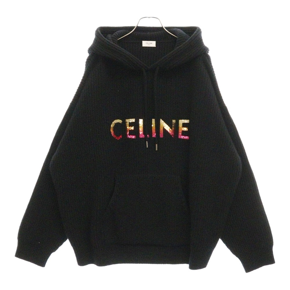 CELINE(セリーヌ) 22AW Hoodie スパンコール装飾 グラデーションロゴ プルオーバーウールニットパーカー フーディー 2A10X66Q ブラック