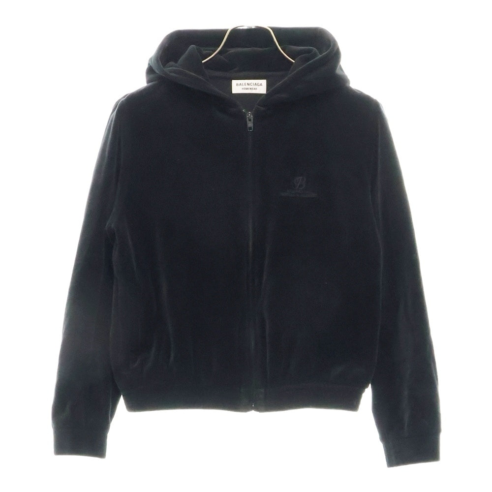 BALENCIAGA(バレンシアガ) Shrunk Zip Up Hoodie ロゴ刺繍 ジップアップベロアパーカー フーディー レディース ブラック 657854 TKQ12
