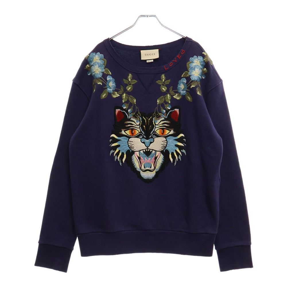 GUCCI(グッチ) Cat Pattern Embroidered 刺繍 クルーネックスウェットトレーナー ネイビー 475373 X9B11
