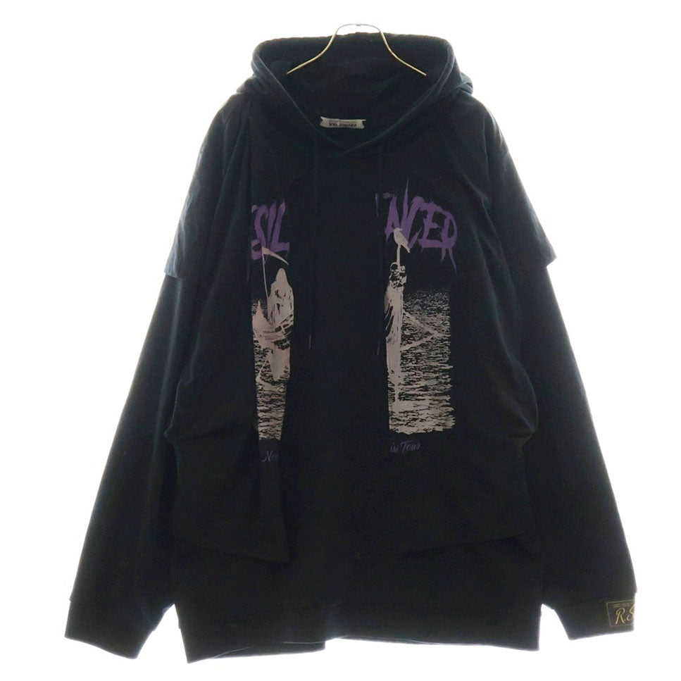 RAF SIMONS(ラフシモンズ) 22SS HOODIE DOUBLED WITH PRINTED T-SHIRT レイヤードデザイン オーバーサイズドッキング プルオーバーパーカー スウェット ブラック 221-175B