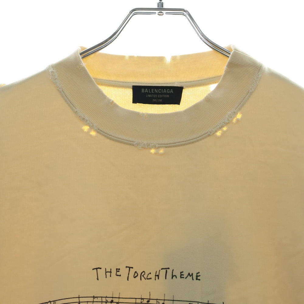 BALENCIAGA(バレンシアガ) Limited Editon The Torch Theme ダメージ加工 クルーネックスウェットトレーナー アイボリー 699212 TMVO6
