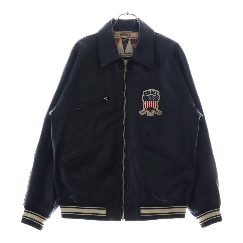 AVIREX(アヴィレックス) VARSITY LIGHT SIGNATURE LEATHER JACKET ラムスキン ロゴパッチ シングルレザージャケット ブラック 783-4950016
