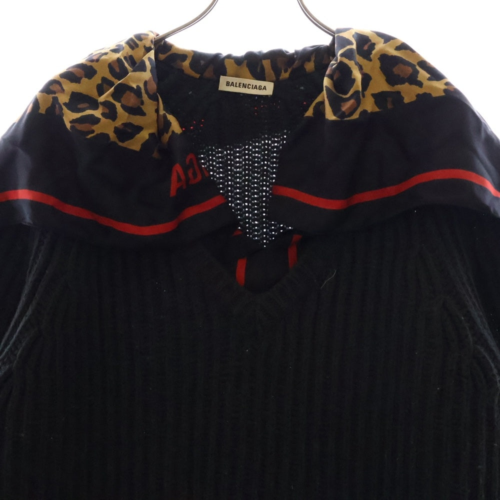 BALENCIAGA(バレンシアガ) Wool Knit Sweater シルクスカーフレイヤード Vネックウールニットセーター ブラック 529068 T1488