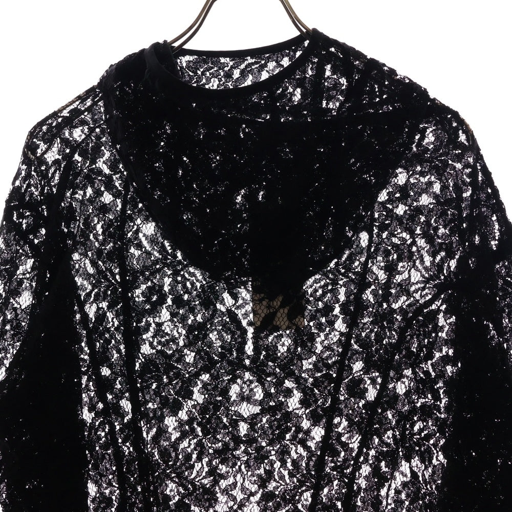JUNTAE KIM(ジュンテ キム) 25SS DRAPED LACE HOODIE ドロップド レース フーディ プルオーバースウェット ブラック jtk_ss25_h06-bl