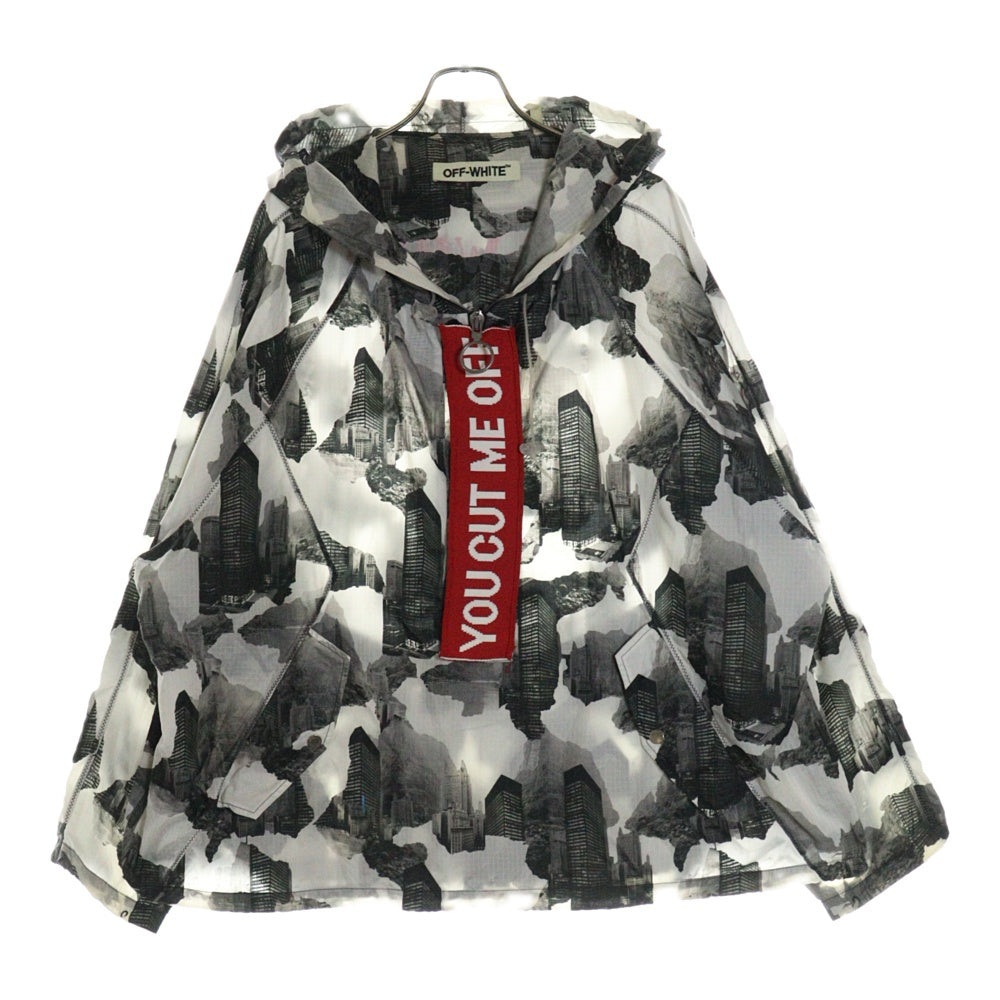 OFF-WHITE(オフホワイト) 16AW Nylon Hoodie ハーフジップ 総柄ナイロンパーカー フーディー ホワイト/ブラック
