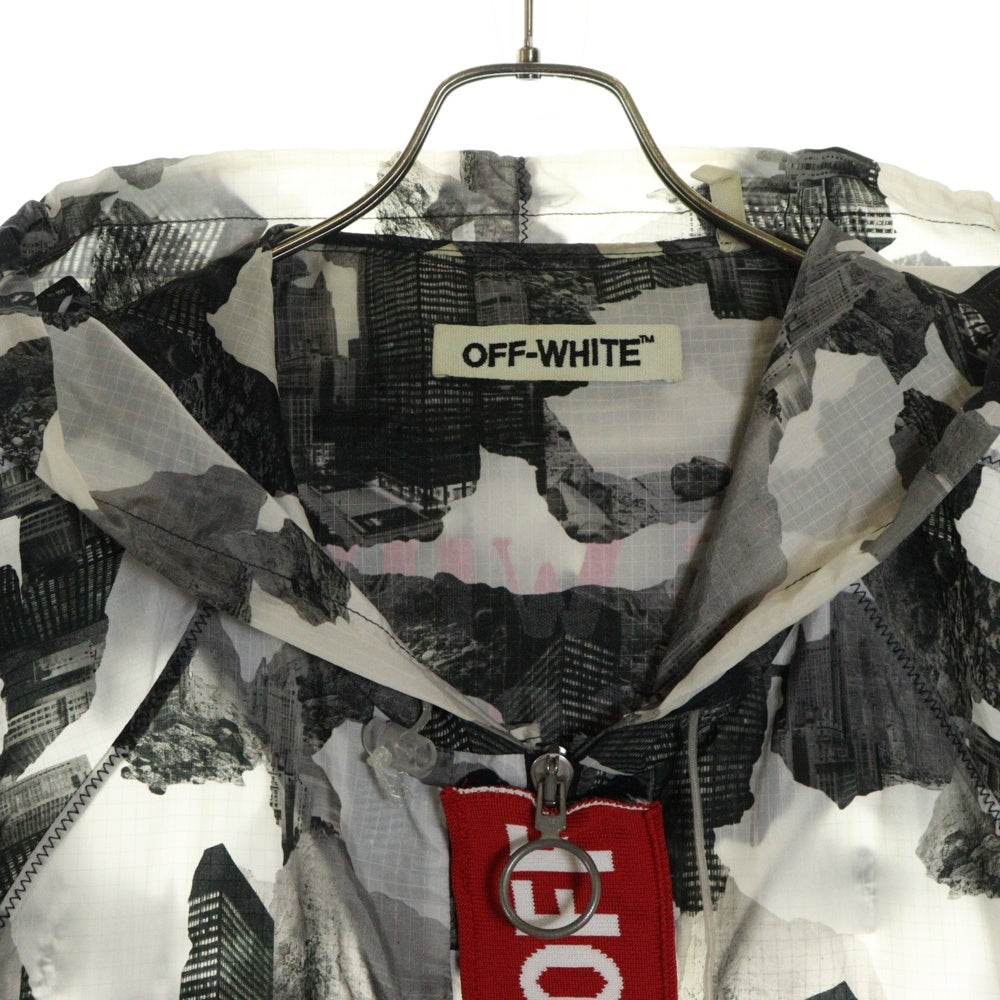 OFF-WHITE(オフホワイト) 16AW Nylon Hoodie ハーフジップ 総柄ナイロンパーカー フーディー ホワイト/ブラック