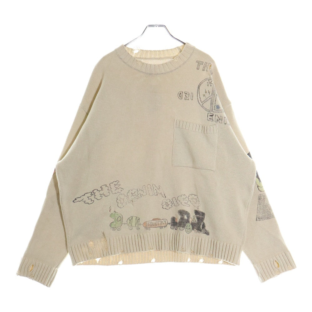KAPITAL(キャピタル) 25SS Distressed Printed Cotton Sweater 5G綿ニット メモリアルペイント クルーネックニットセーター アイボリー K2503KN085