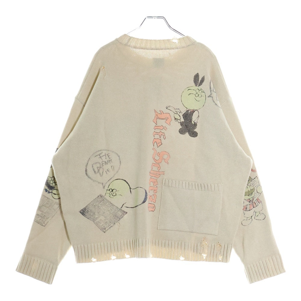 KAPITAL(キャピタル) 25SS Distressed Printed Cotton Sweater 5G綿ニット メモリアルペイント クルーネックニットセーター アイボリー K2503KN085