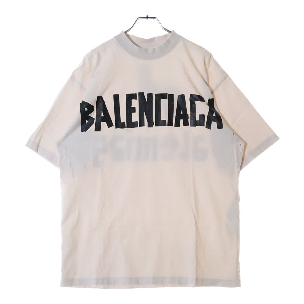 BALENCIAGA(バレンシアガ) 23SS TAPE MEDIUM FIT T-SHIRT ミディアムフィット ダメージ加工 テープロゴ クルーネック 半袖Tシャツ カットソー ホワイト 739784 TQVQ8