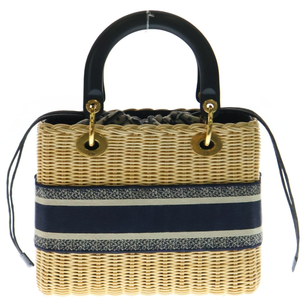 Christian Dior(クリスチャンディオール) LADY DIOR ミディアム ウィッカー かごバッグ ネイビー/ブラウン