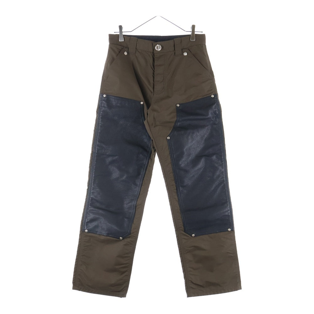 CHROME HEARTS(クロムハーツ) CARPENTER DOUBLE KNEE クロスパッチ付きレザー切替ナイロンカーペンターロングパンツ ブラウン