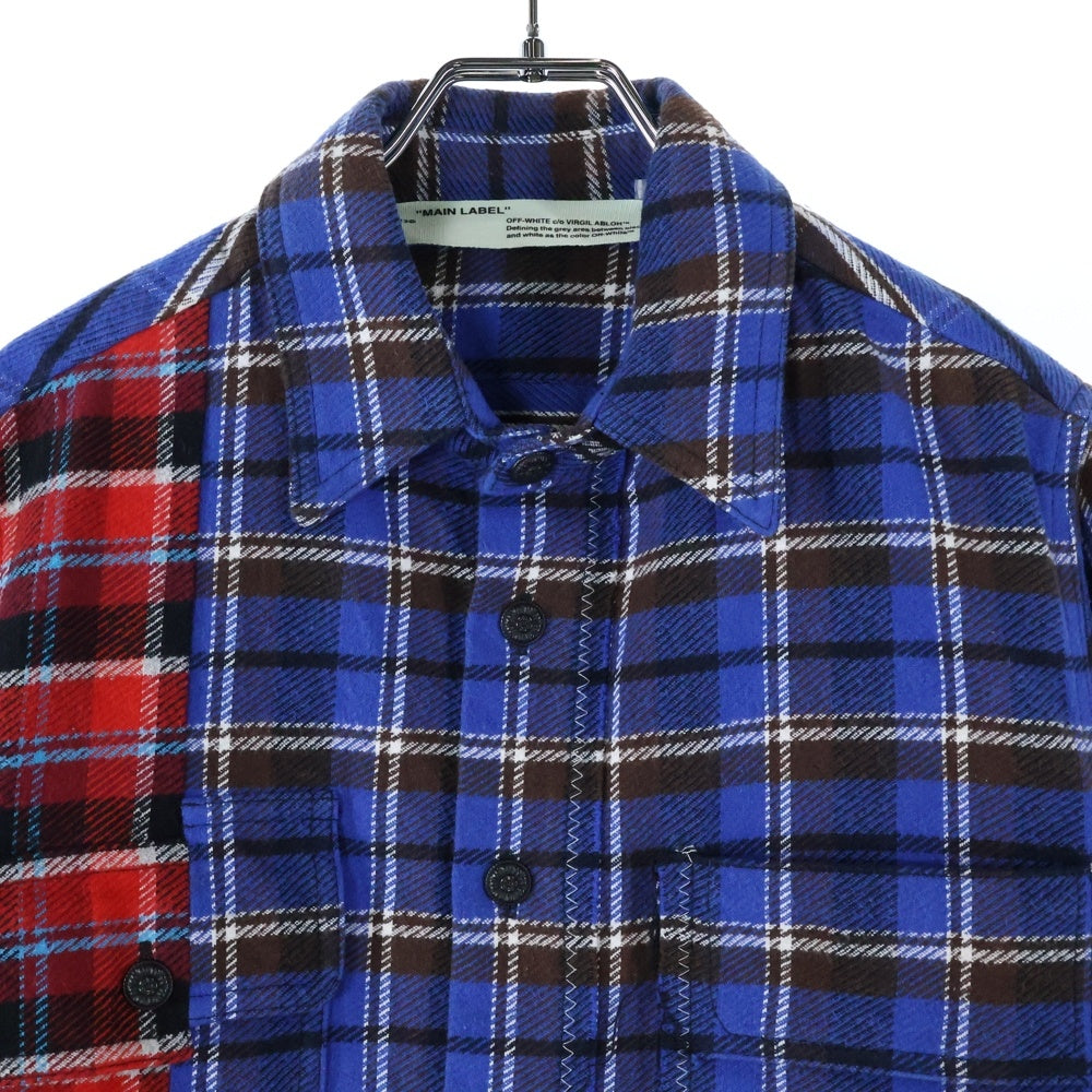 OFF-WHITE(オフホワイト) 18AW Check Reconstructed Shirt パッチワーク 長袖チェックシャツ ブルー OMGA072F18A27005