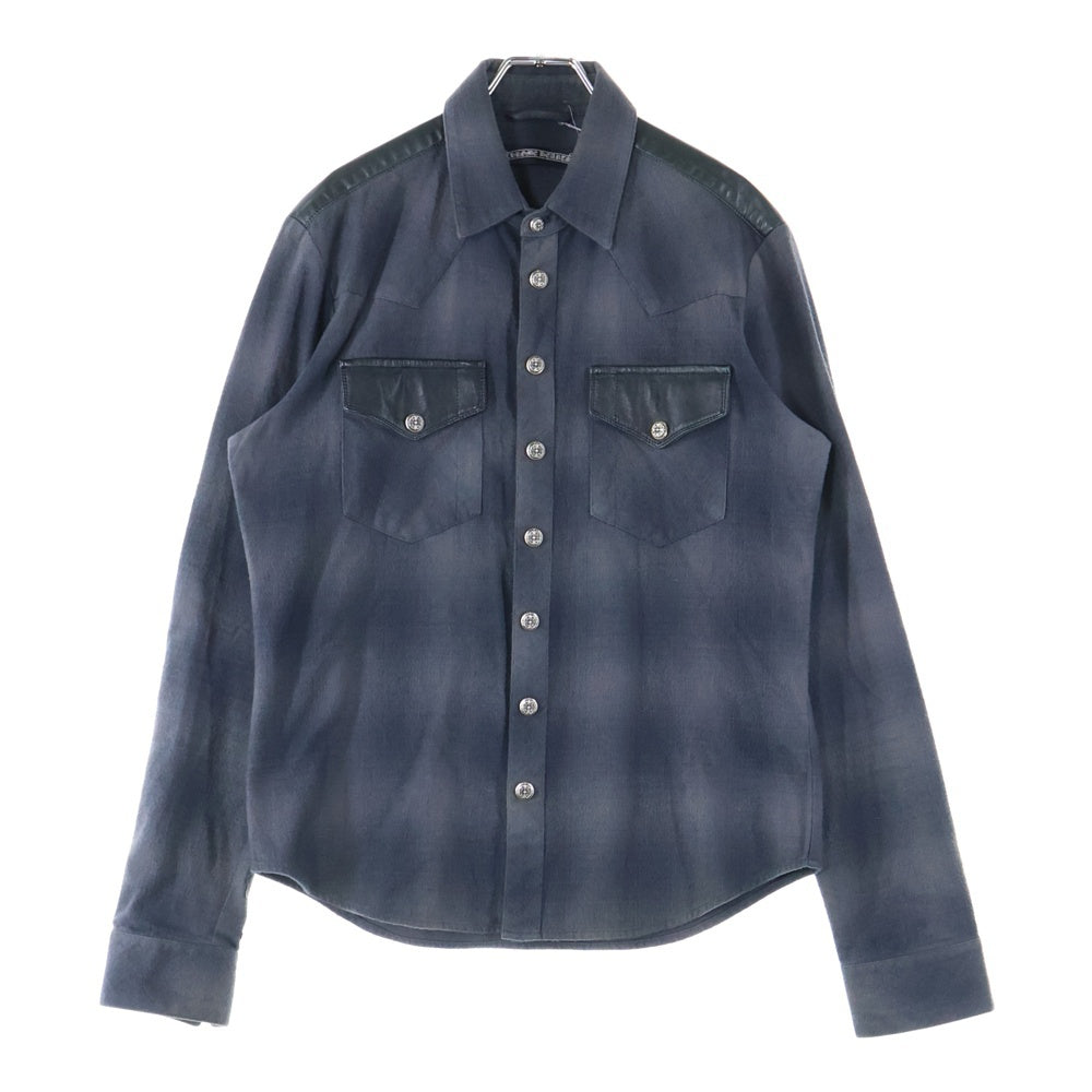 CHROME HEARTS(クロムハーツ) WESTN ウエスタンボタン 袖クロスパッチレザー切替クロスボールボタンチェック 長袖シャツ ブラック/ネイビー