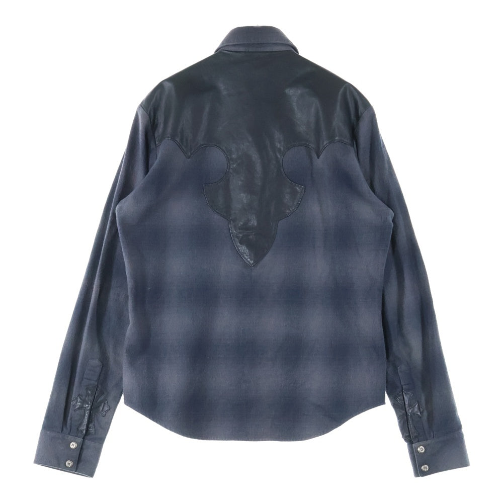 CHROME HEARTS(クロムハーツ) WESTN ウエスタンボタン 袖クロスパッチレザー切替クロスボールボタンチェック 長袖シャツ ブラック/ネイビー