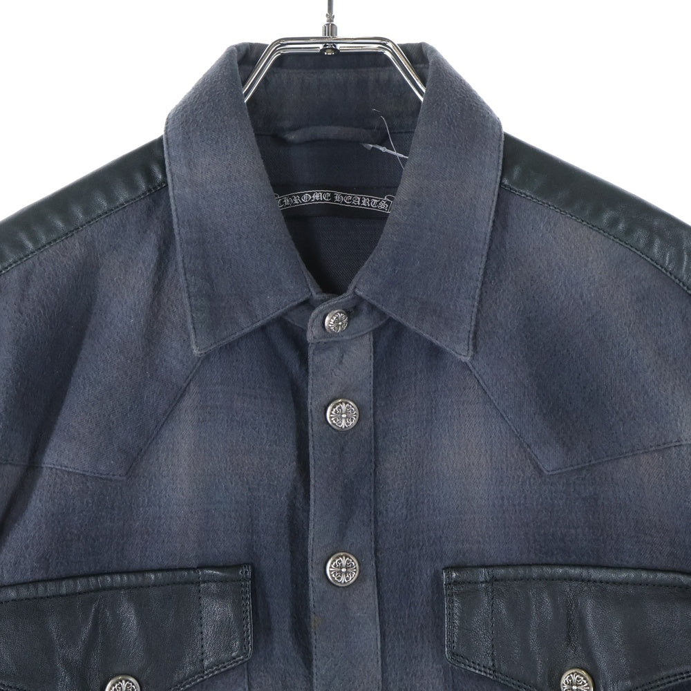 CHROME HEARTS(クロムハーツ) WESTN ウエスタンボタン 袖クロスパッチレザー切替クロスボールボタンチェック 長袖シャツ ブラック/ネイビー