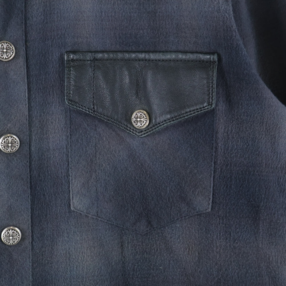 CHROME HEARTS(クロムハーツ) WESTN ウエスタンボタン 袖クロスパッチレザー切替クロスボールボタンチェック 長袖シャツ ブラック/ネイビー