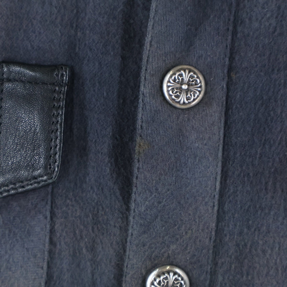 CHROME HEARTS(クロムハーツ) WESTN ウエスタンボタン 袖クロスパッチレザー切替クロスボールボタンチェック 長袖シャツ ブラック/ネイビー