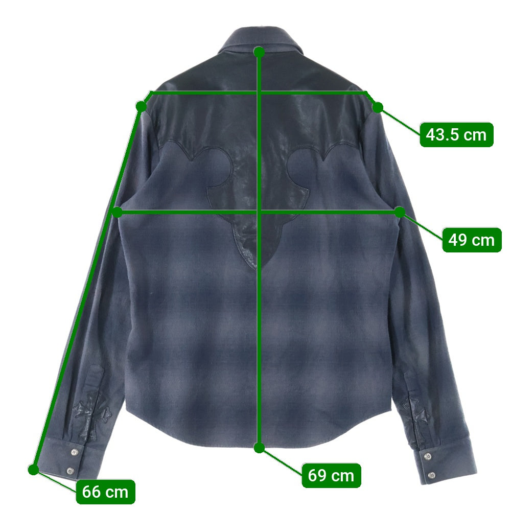 CHROME HEARTS(クロムハーツ) WESTN ウエスタンボタン 袖クロスパッチレザー切替クロスボールボタンチェック 長袖シャツ ブラック/ネイビー