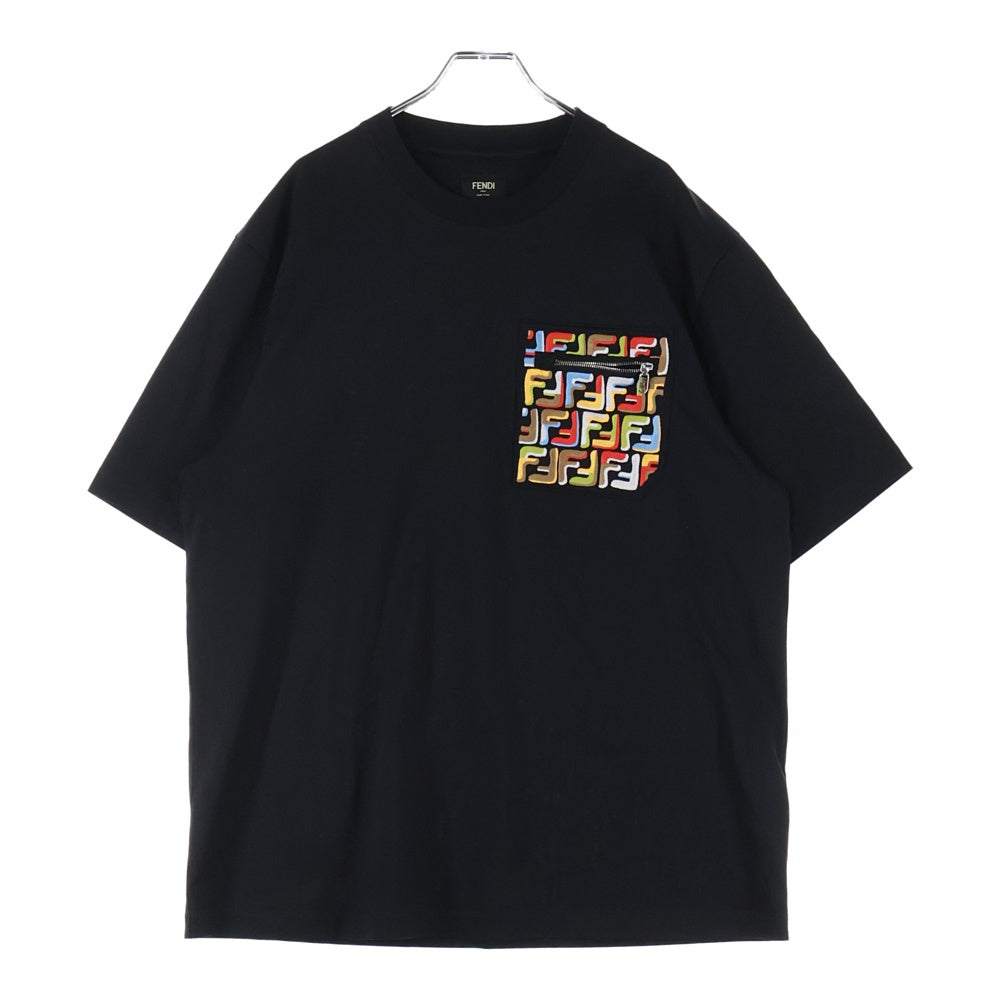 FENDI(フェンディ) ズッカ柄フロントポケット クルーネック半袖Tシャツ FY1257 ブラック/マルチ