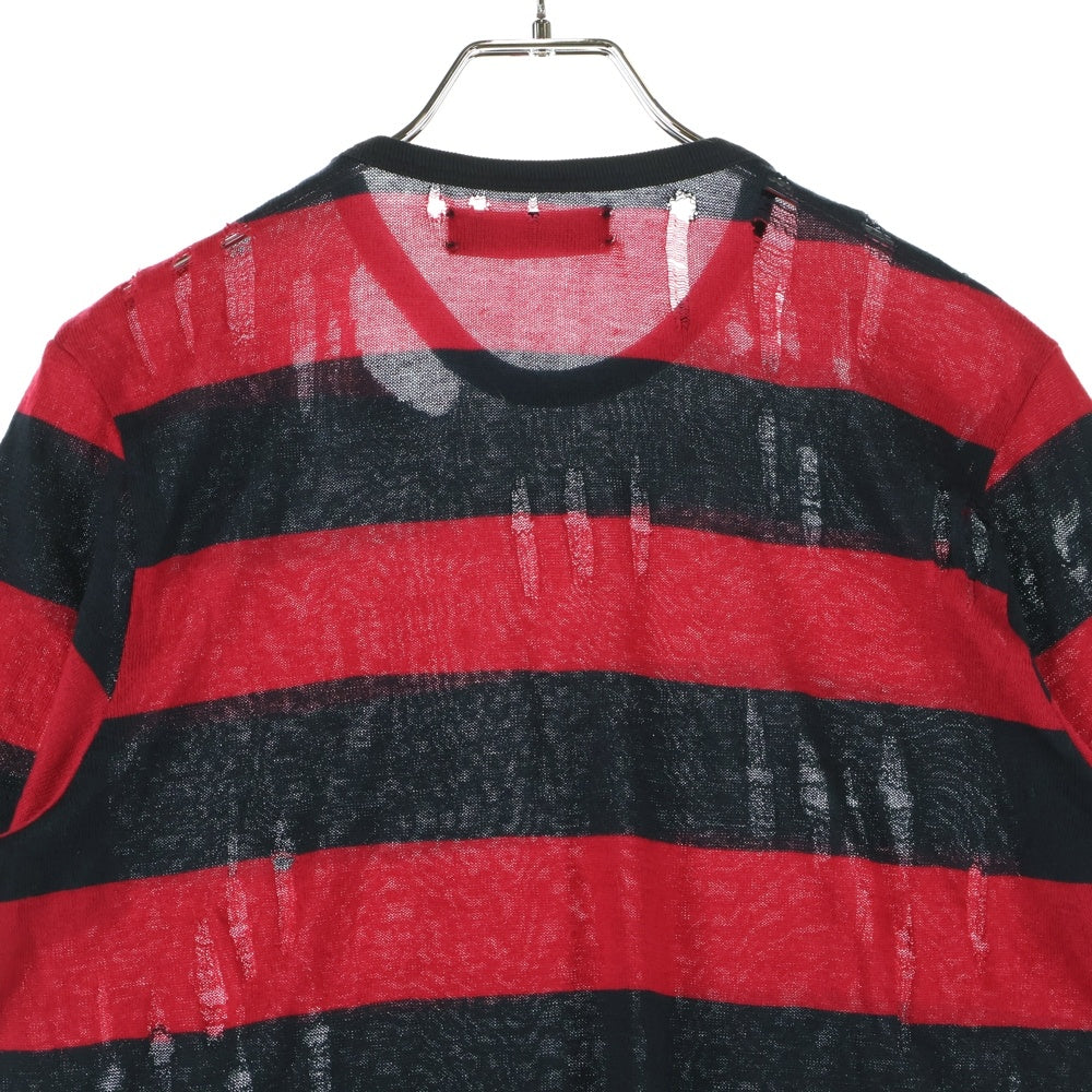 AMIRI(アミリ) Damage Knit T-Shirt ダメージ加工 半袖ボーダーニットTシャツ レッド