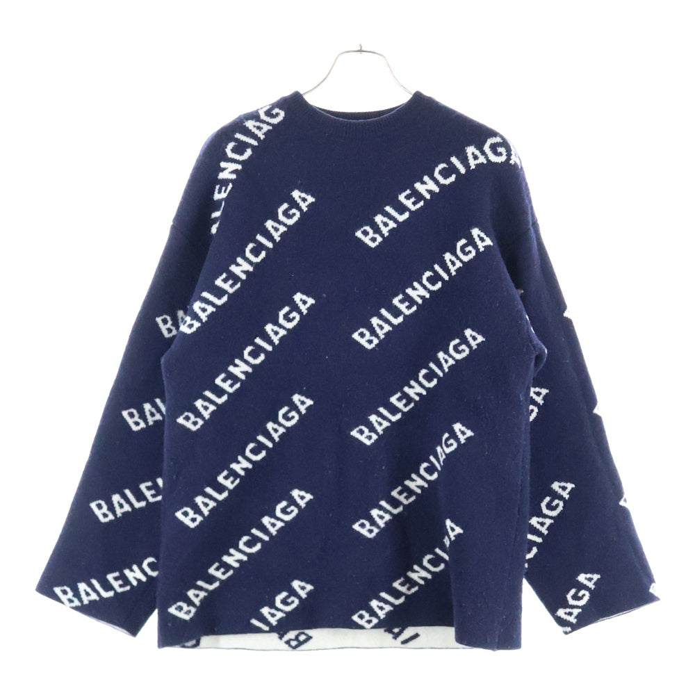 BALENCIAGA(バレンシアガ) All Over Logo Knit Sweater 総柄 クルーネックニットセーター ネイビー 623283 T1567