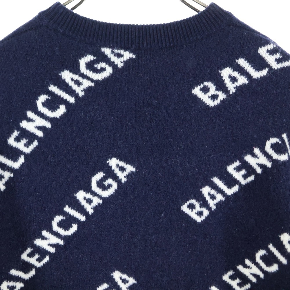 BALENCIAGA(バレンシアガ) All Over Logo Knit Sweater 総柄 クルーネックニットセーター ネイビー 623283 T1567