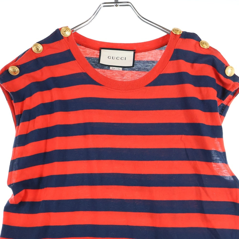 GUCCI(グッチ) Sleeve Less Shirt ショルダーボタン ボーダーボーダーノースリーブTシャツ レッド 572980 XJAW0