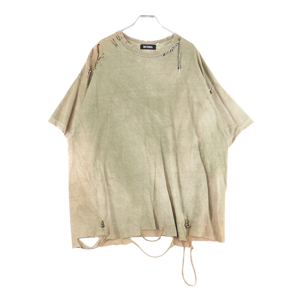 NO BRAND(ノーブランド) RE:VIRAL (リバイラル) crash ring SS リング装飾 ダメージ加工 半袖Tシャツ ベージュ REVIRAL-24SS-03