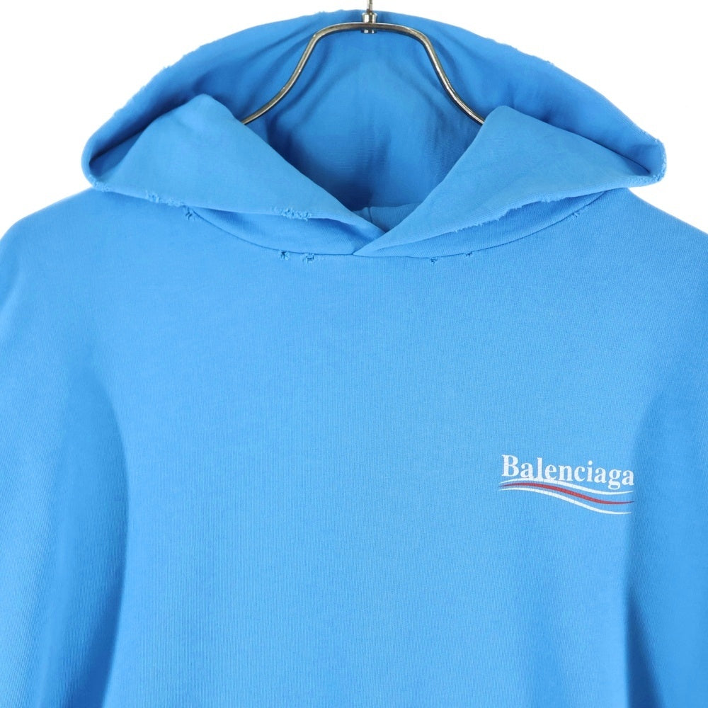 BALENCIAGA(バレンシアガ) Large Fit Campaign Logo Hoodie キャンペーンロゴ ダメージ加工 プルオーバースウェットパーカー フーディー ブルー 620973 TNVG6