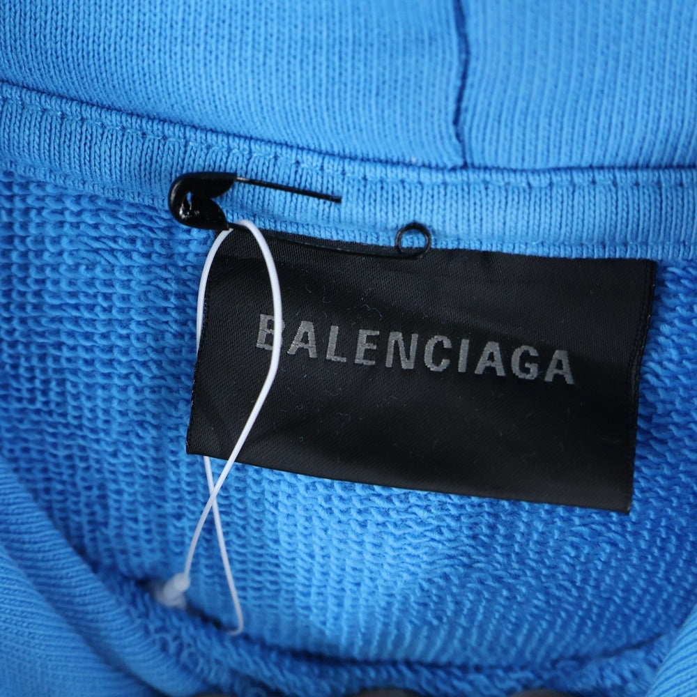 BALENCIAGA(バレンシアガ) Large Fit Campaign Logo Hoodie キャンペーンロゴ ダメージ加工 プルオーバースウェットパーカー フーディー ブルー 620973 TNVG6