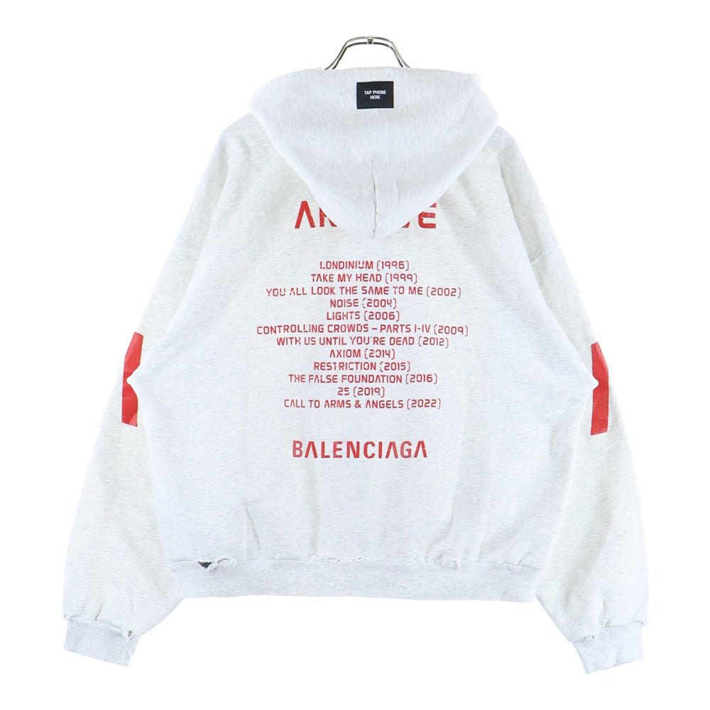 BALENCIAGA(バレンシアガ) 24SS Music Archive Series Connected Zip Up Hoodie アーカイブロゴ ダメージ加工 ジップアップスウェットパーカー フーディー グレー 744457 TQVA6