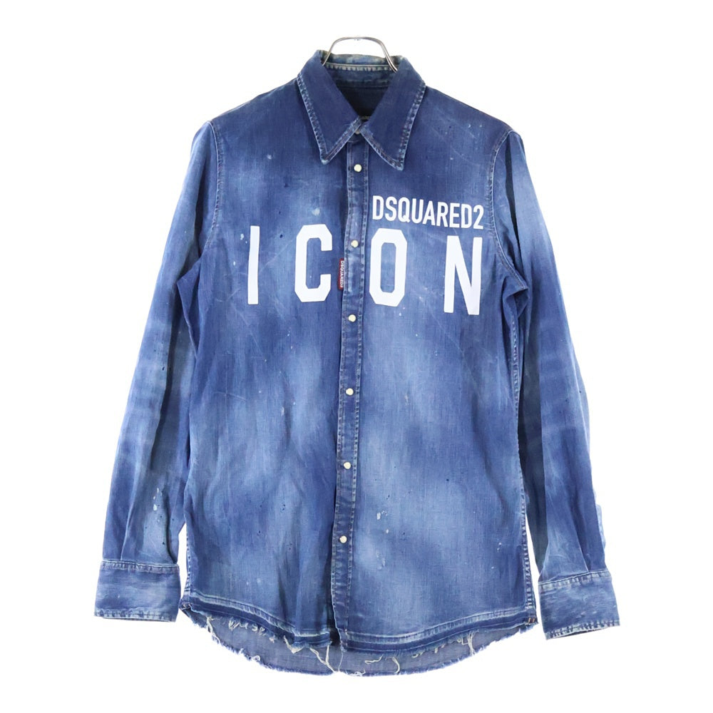 DSQUARED2(ディースクエアード) ICON Western Shirt ダメージ加工 フロントロゴプリント ウエスタン デニム長袖シャツ インディゴ