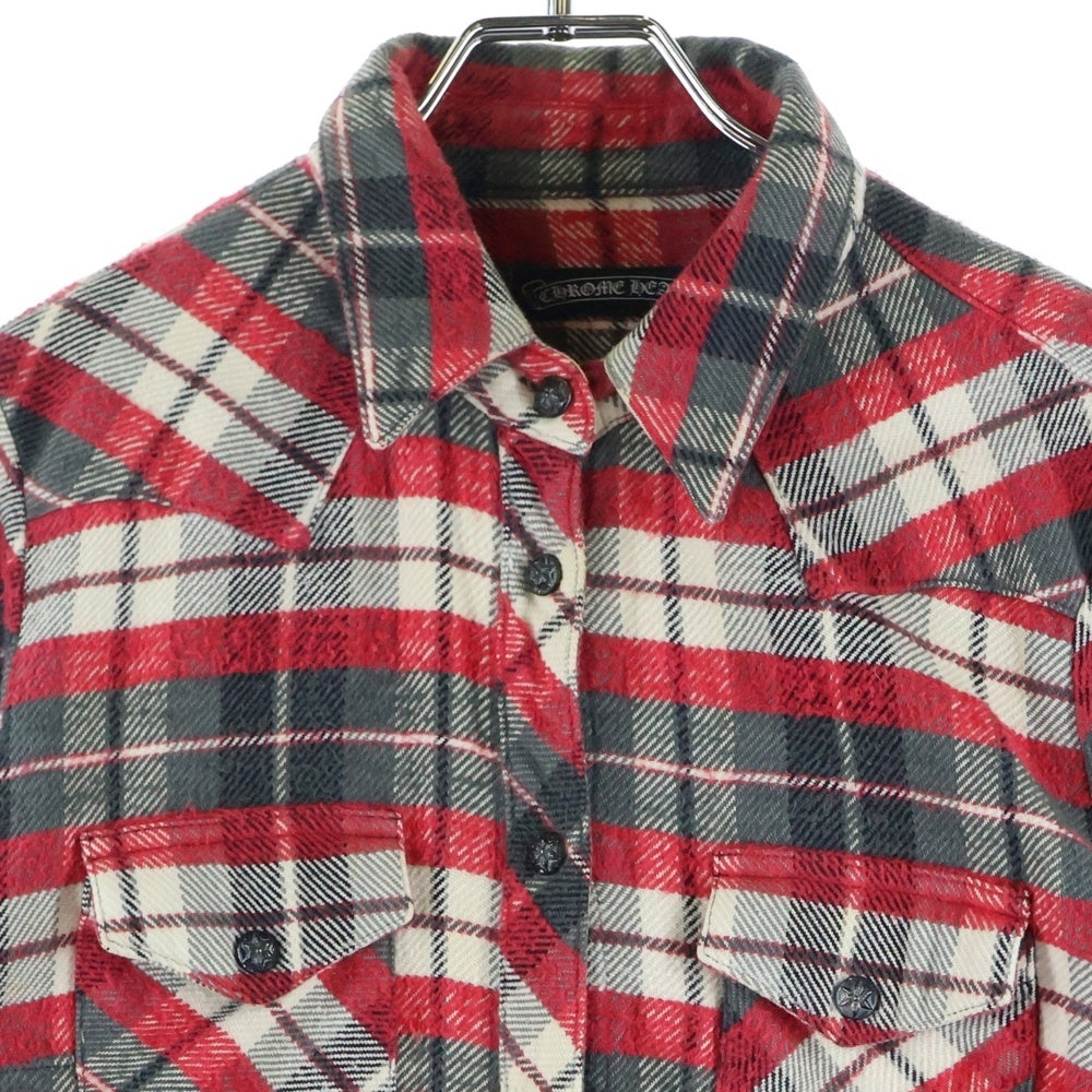 CHROME HEARTS(クロムハーツ) WESTN ウエスタンボタン 袖クロスパッチ スターボールボタン チェック 長袖シャツ ホワイト/レッド
