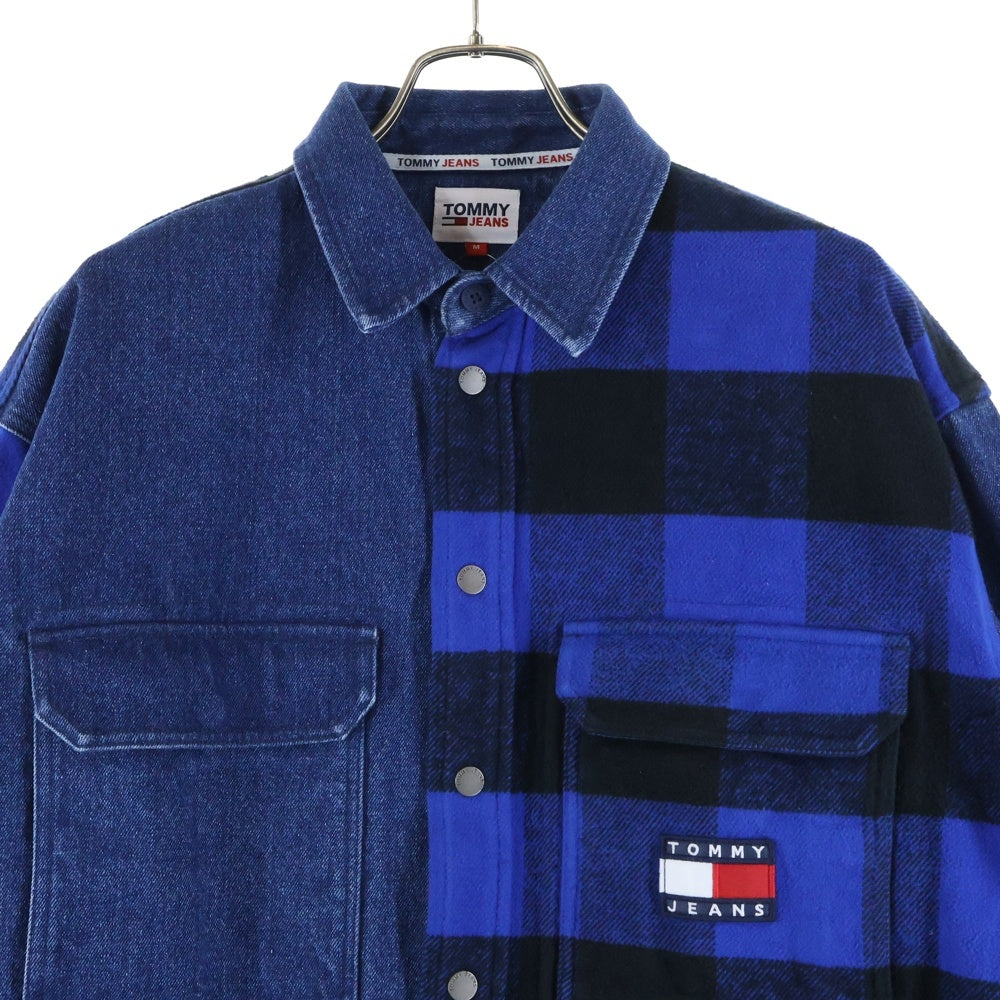 TOMMY JEANS(トミージーンズ) アシンメトリー ドッキング チェックデニム シャツジャケット ブルー