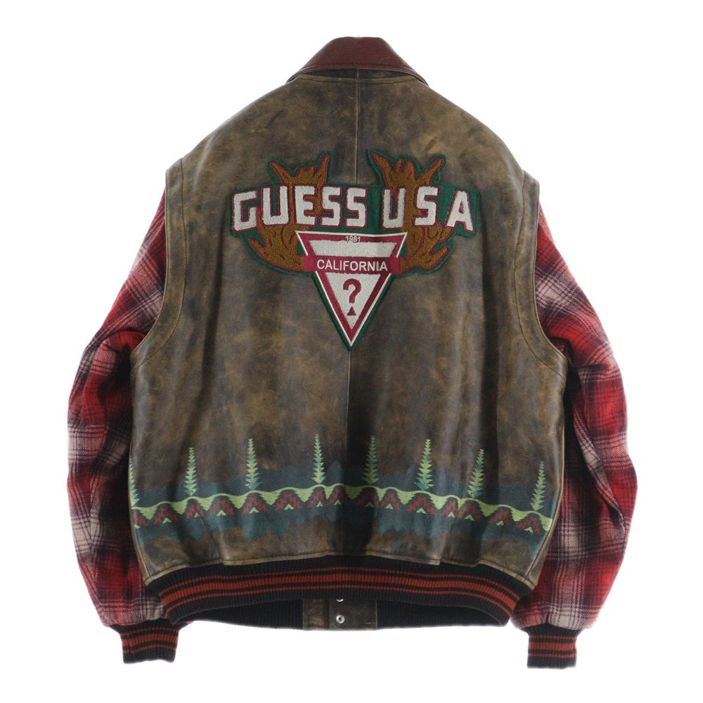 GUESS(ゲス) LETTERMAN JACKET レザー切替 レターマンジャケット ブラウン/レッド