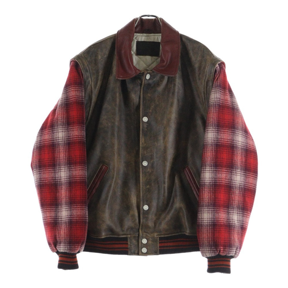GUESS(ゲス) LETTERMAN JACKET レザー切替 レターマンジャケット ブラウン/レッド