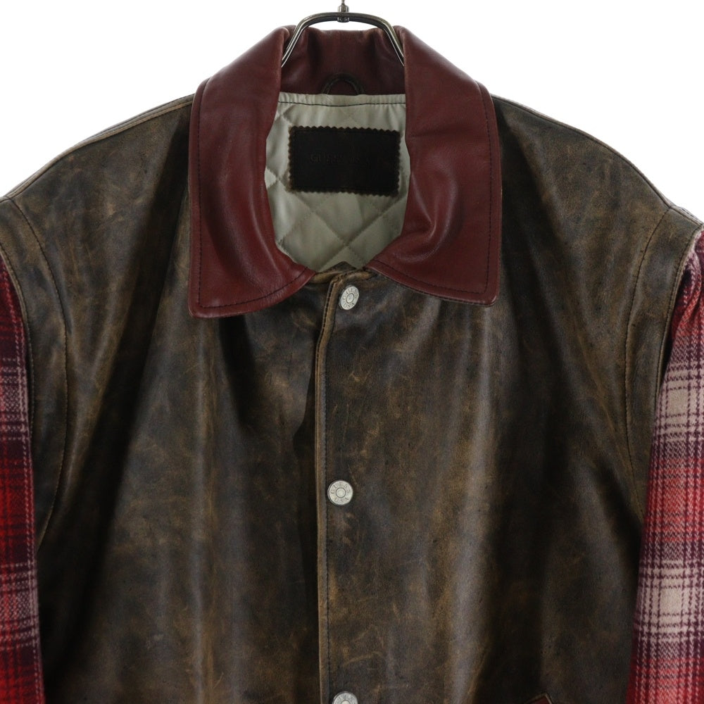 GUESS(ゲス) LETTERMAN JACKET レザー切替 レターマンジャケット ブラウン/レッド