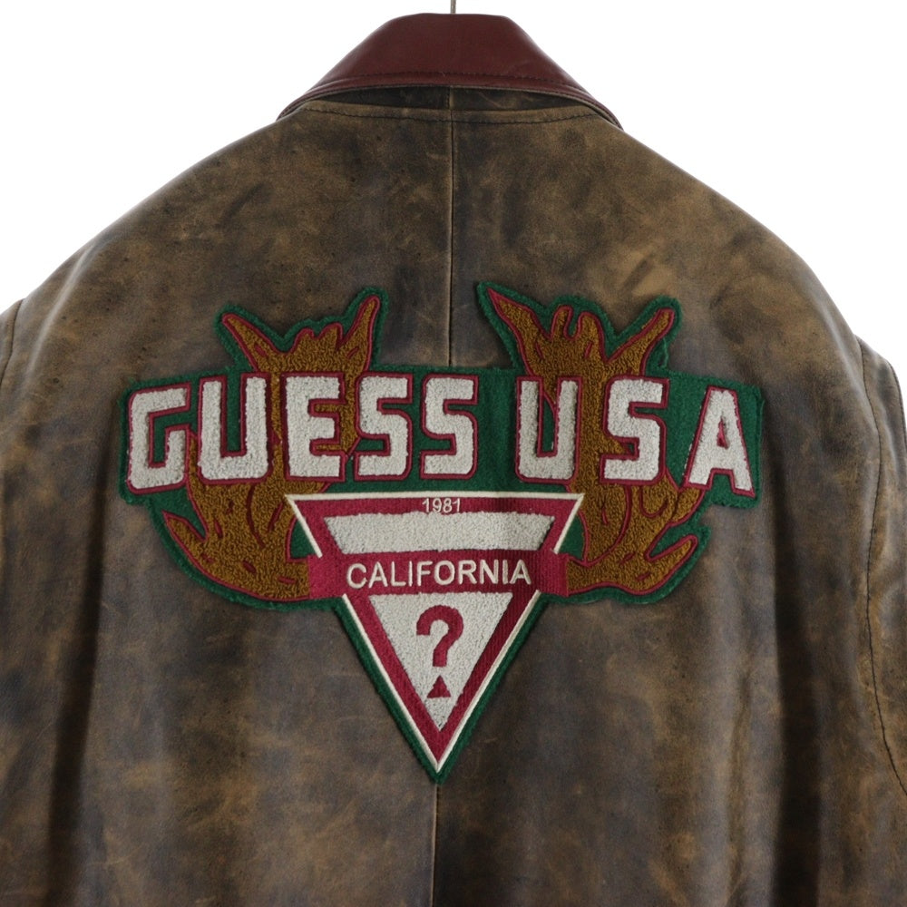 GUESS(ゲス) LETTERMAN JACKET レザー切替 レターマンジャケット ブラウン/レッド