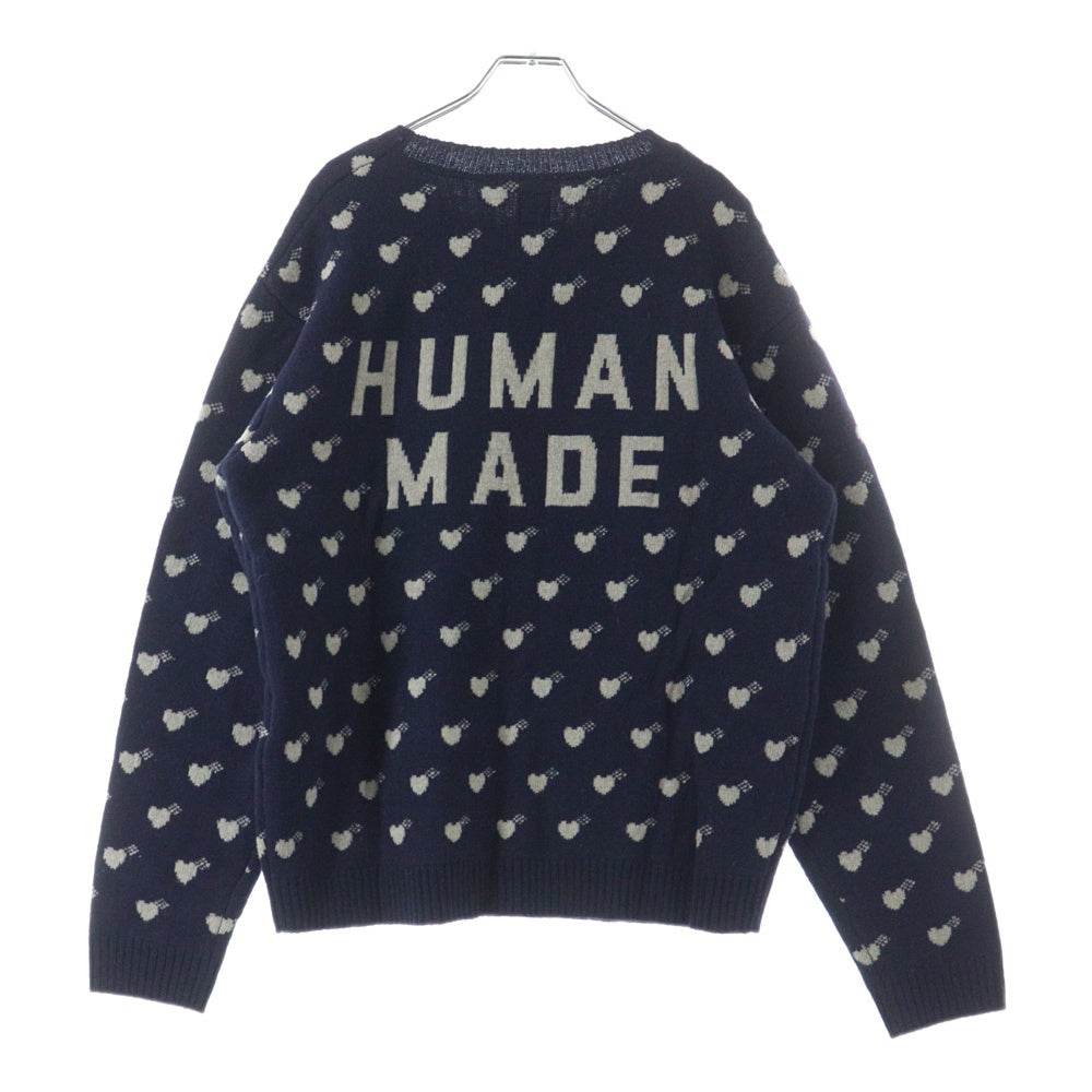 HUMAN MADE(ヒューマンメイド) Heart Knit Sweater ハート総柄 クルーネックウールニットセーター ネイビー