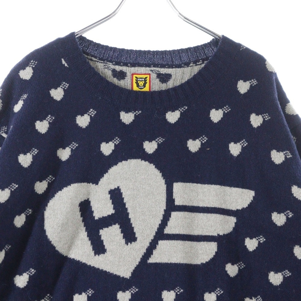 HUMAN MADE(ヒューマンメイド) Heart Knit Sweater ハート総柄 クルーネックウールニットセーター ネイビー
