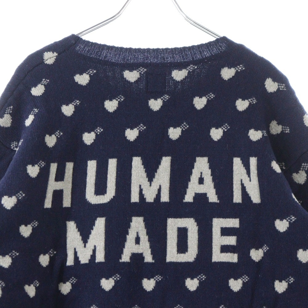 HUMAN MADE(ヒューマンメイド) Heart Knit Sweater ハート総柄 クルーネックウールニットセーター ネイビー