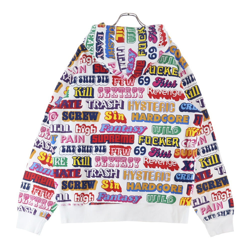 SUPREME(シュプリーム) 17AW ×HYSTERIC GLAMOUR Text Hoodie ヒステリックグラマー テキスト 総柄プルオーバースウェットパーカー フーディー ホワイト