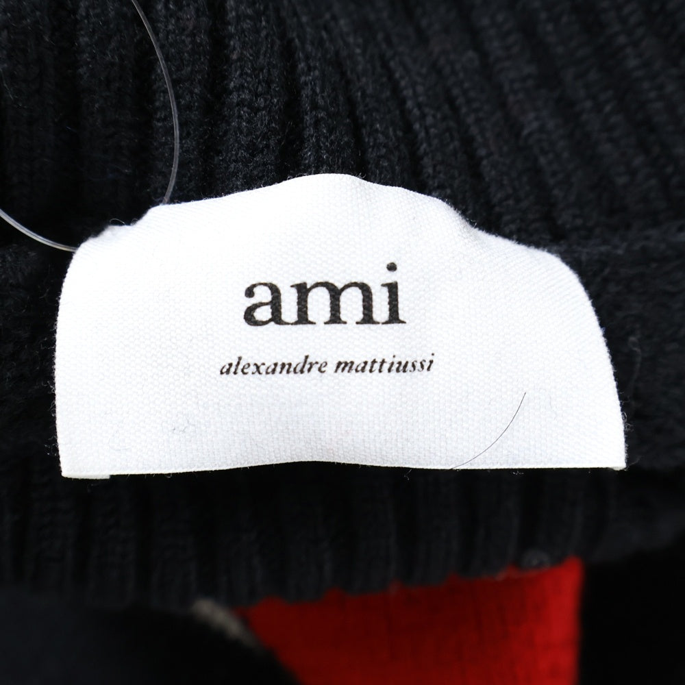 AMI Alexandre Mattiussi(アミアレクサンドルマテュッシ) Heart Striped Roll Neck Knit Sweater ハートロゴ ボーダーハイネックニットセーター ブラック UKS404.018
