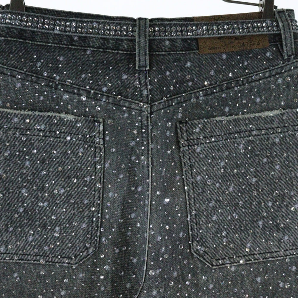 BIRTH OF ROYAL CHILD(バースオブロイヤルチャイルド) 3D Printing Washed Full Diamond Denim ラインストーン装飾 デニムパンツ グレー